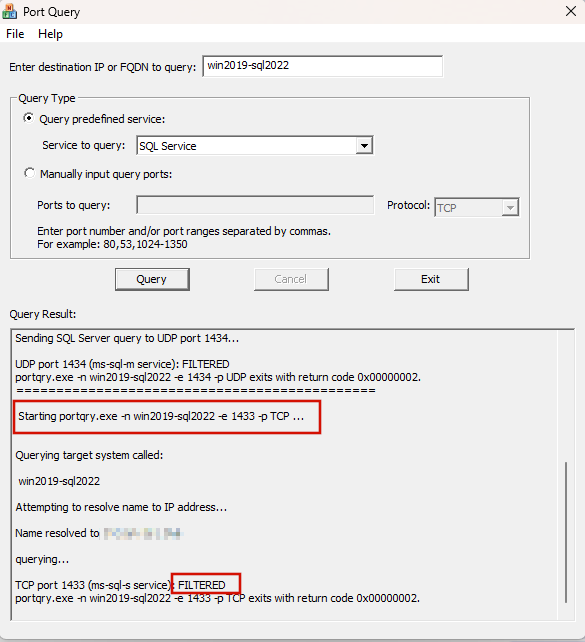 Screenshot einer nicht erfolgreichen Verbindung für die Standardinstanz für einen Standardport.