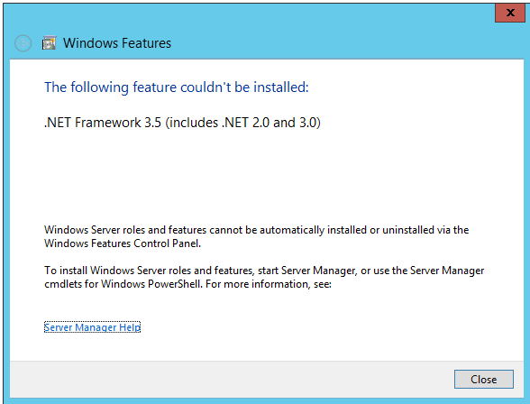 Screenshot der Fehlermeldung der .Net Framework 3.5-Installation: Das folgende Feature konnte nicht installiert werden.