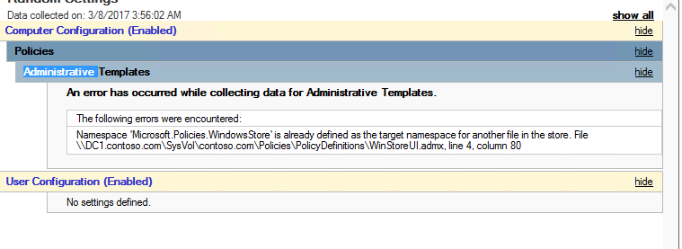 Screenshot zeigt, dass beim Sammeln von Daten für administrative Vorlagen ein Namespacefehler aufgetreten ist. 