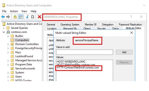 Fügen Sie dem Front-End-Servercomputerkonto einen S P N hinzu.