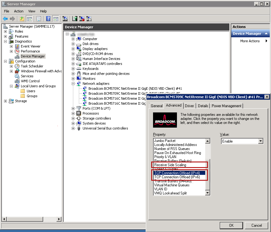 Screenshot des Fensters Server-Manager mit einem geöffneten Fenster mit Netzwerkadaptereigenschaften, das die Einstellungen für tcp-Verbindungsoffload und RSS (Receive Side Scaling) auf der Registerkarte 