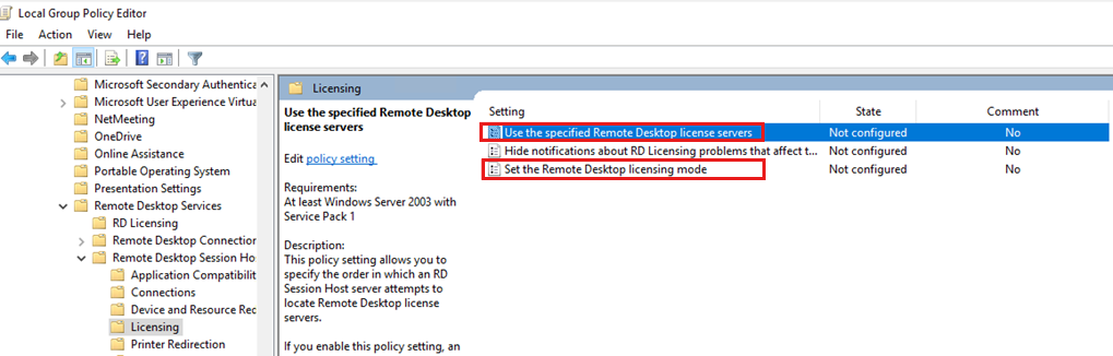 Liste der Richtlinien für die Remotedesktoplizenzierung.