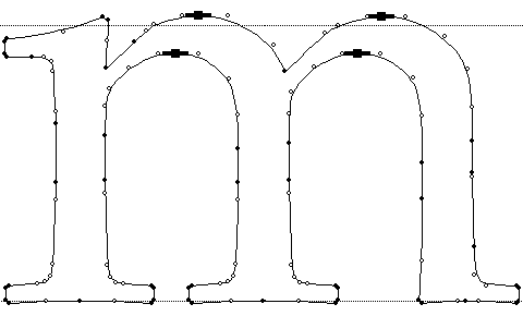 Screenshot showing highlighted control points on the horizontal stems of the letter m.