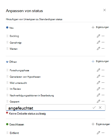 Screenshot: Standardoptionen für status und angepasste Status