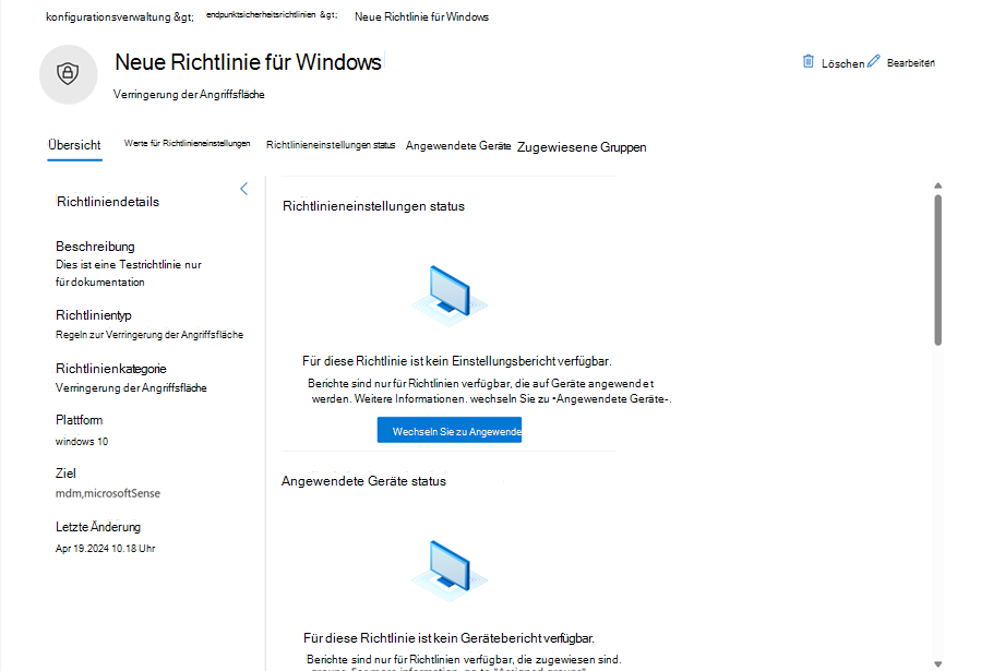 Screenshot der Richtlinienseite in der mehrinstanzenfähigen Verwaltung in Microsoft Defender XDR.