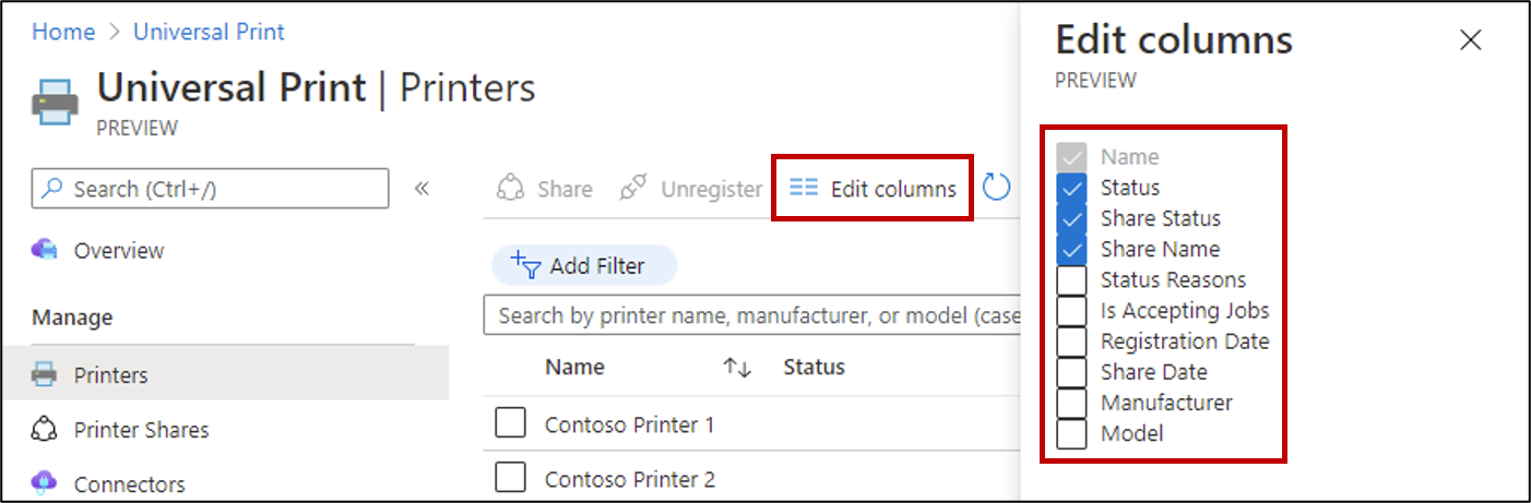 Screenshot der zusätzlichen Spalten, die für eine Ressourcenliste im Universal Print-Portal konfiguriert werden.