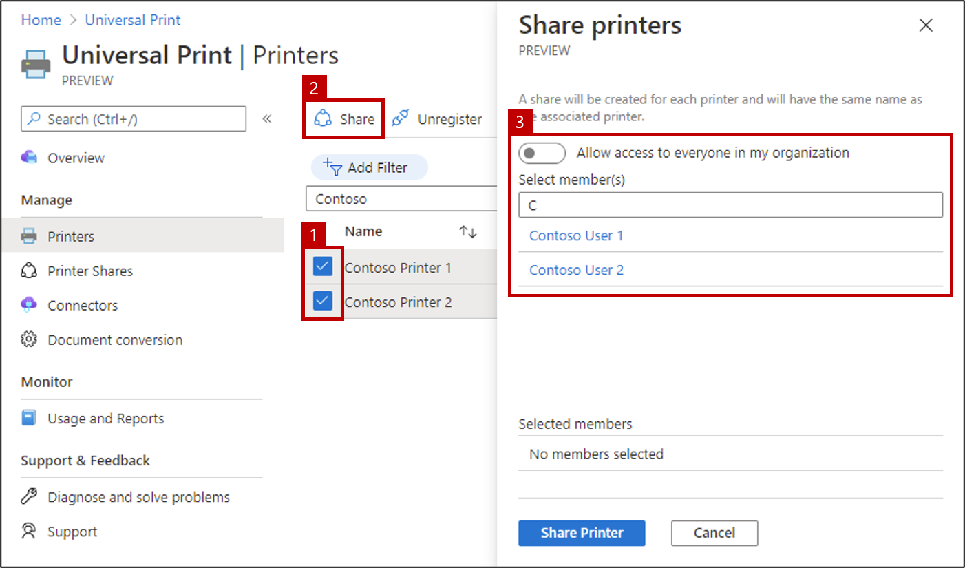 Screenshot der Schritte zum Freigeben mehrerer Drucker mithilfe des Universal Print-Portals.