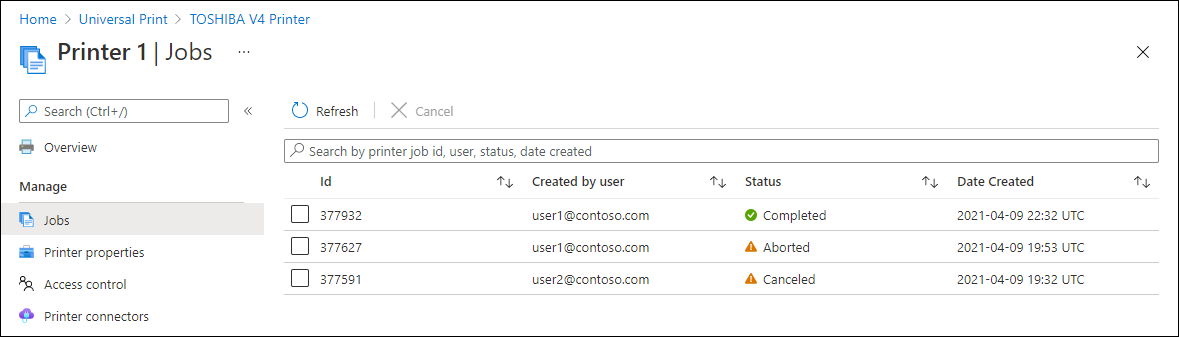 Screenshot des Universal Print-Portals, in dem Statusinformationen dargestellt werden.