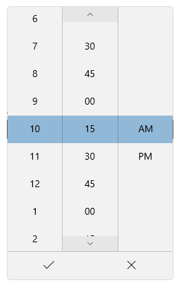 Zeitauswahl, die 15-Minutenschritte anzeigt.