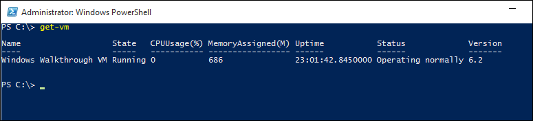 Screenshot des Bildschirms „Administrator Windows Power Shell“ mit der Ausgabe nach Eingabe von „Get V M“.