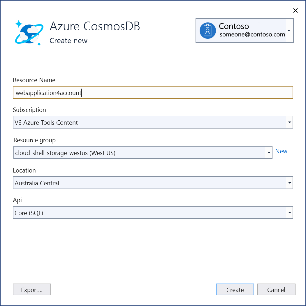 Screenshot: Bildschirm „Neue Azure Cosmos DB-Instanz“