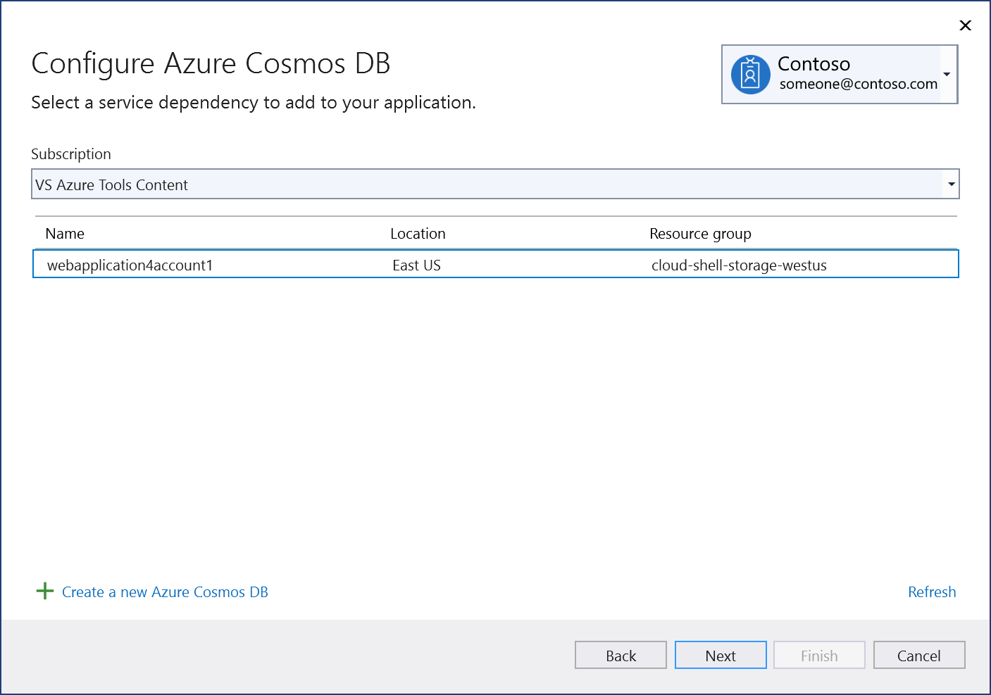 Screenshot, der zeigt, wie sie ein vorhandenes Azure Cosmos DB-Projekt hinzufügen.