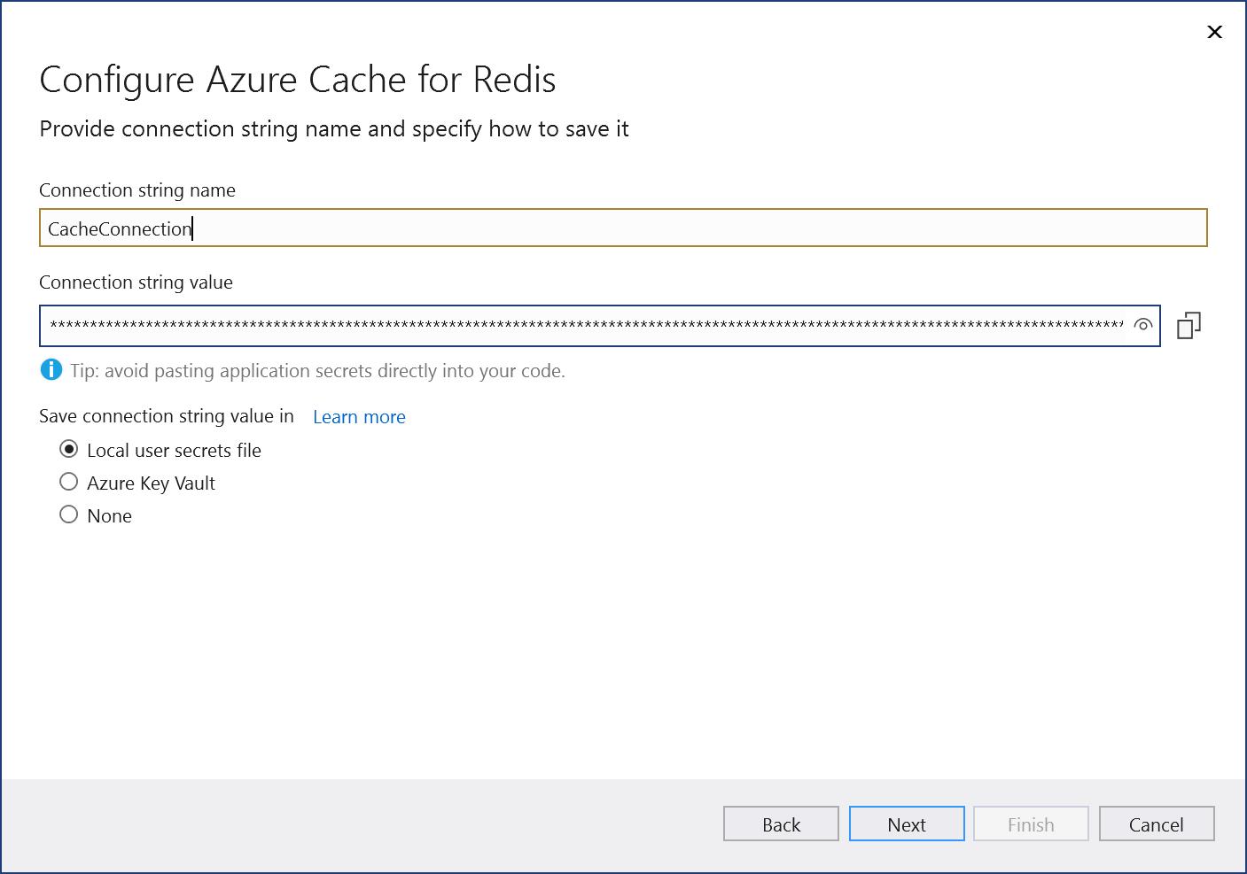 Screenshot: die Seite „Azure Cache for Redis-Verbindungsinformationen“. „Weiter“ ist hervorgehoben.