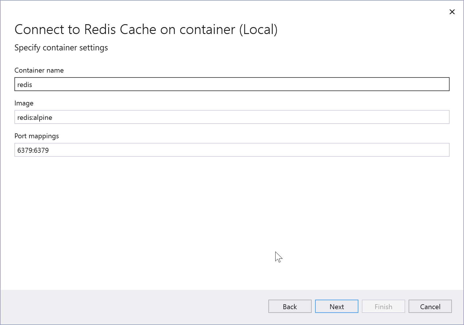 Screenshot, der Verbindungsoptionen für Azure Cache for Redis in einem lokalen Container zeigt.