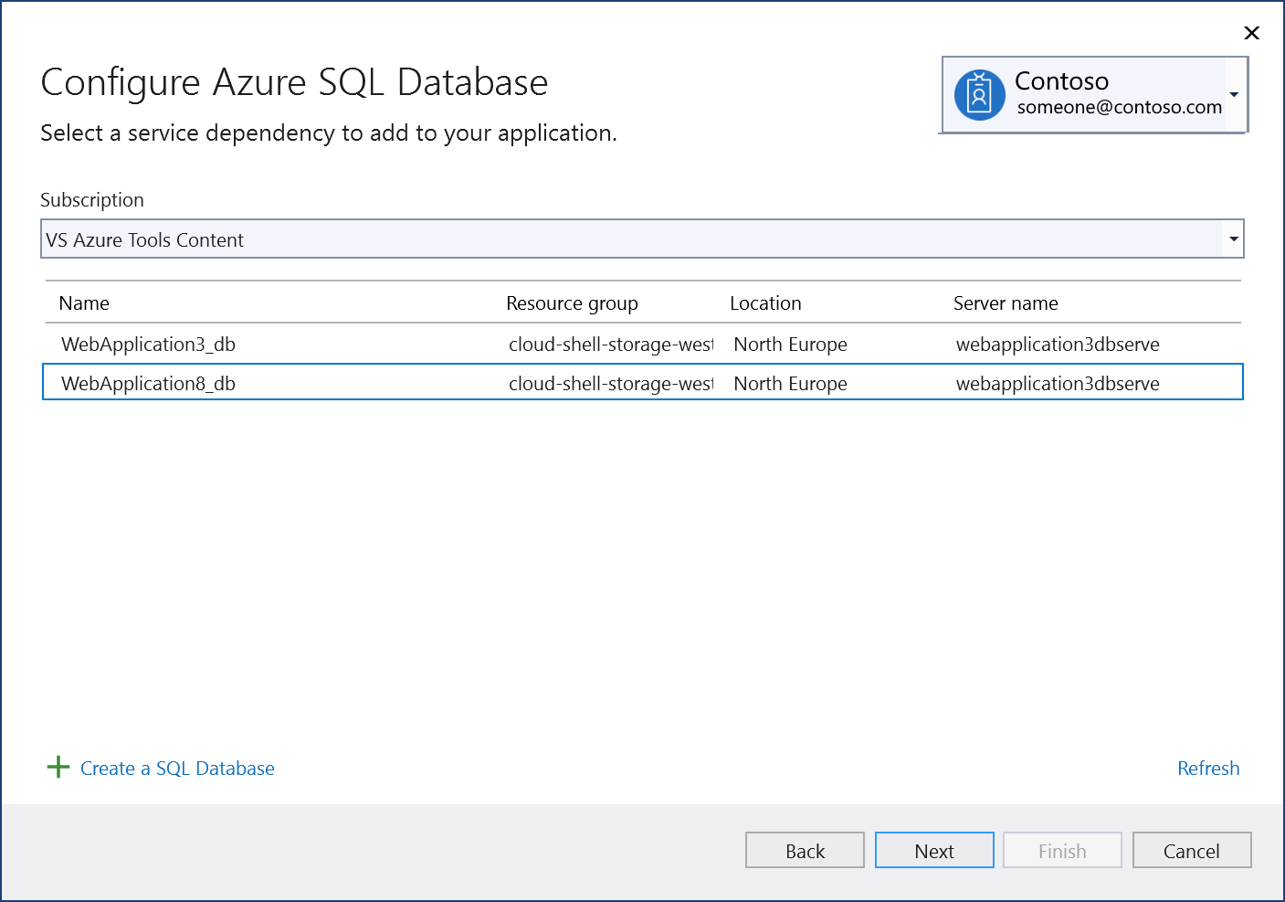 Screenshot: Bildschirm „Herstellen einer Verbindung mit einer vorhandenen Azure SQL-Datenbank-Komponente“