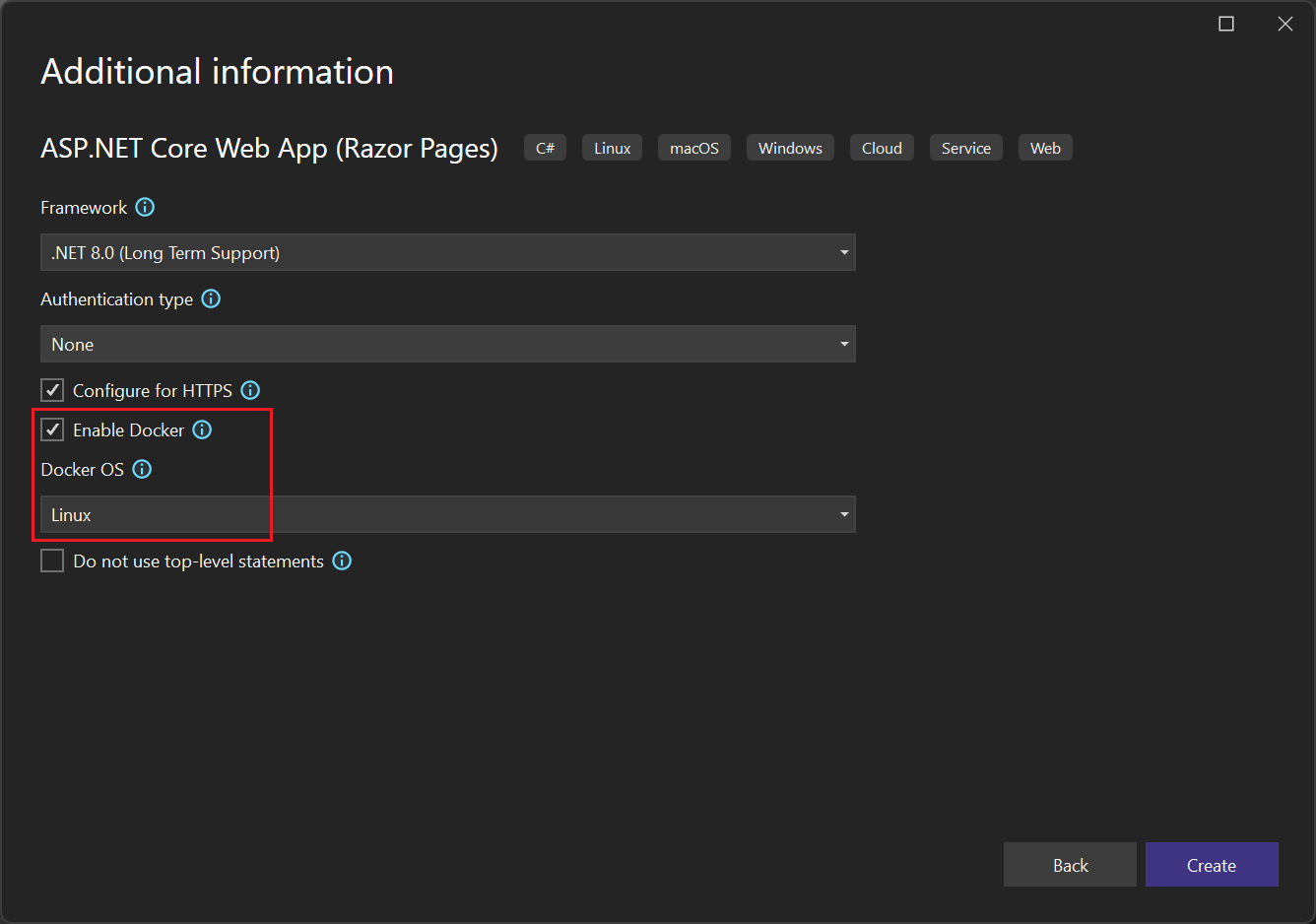 Screenshot, der zeigt, wie Sie ein neues ASP.NET Core Web App-Projekt in Visual Studio 2022 erstellen.