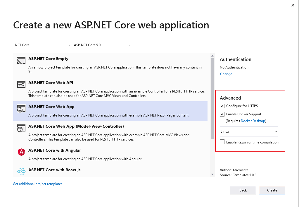 Screenshot, der zeigt, wie Sie ein neues ASP.NET Core Web App-Projekt in Visual Studio 2019 erstellen.