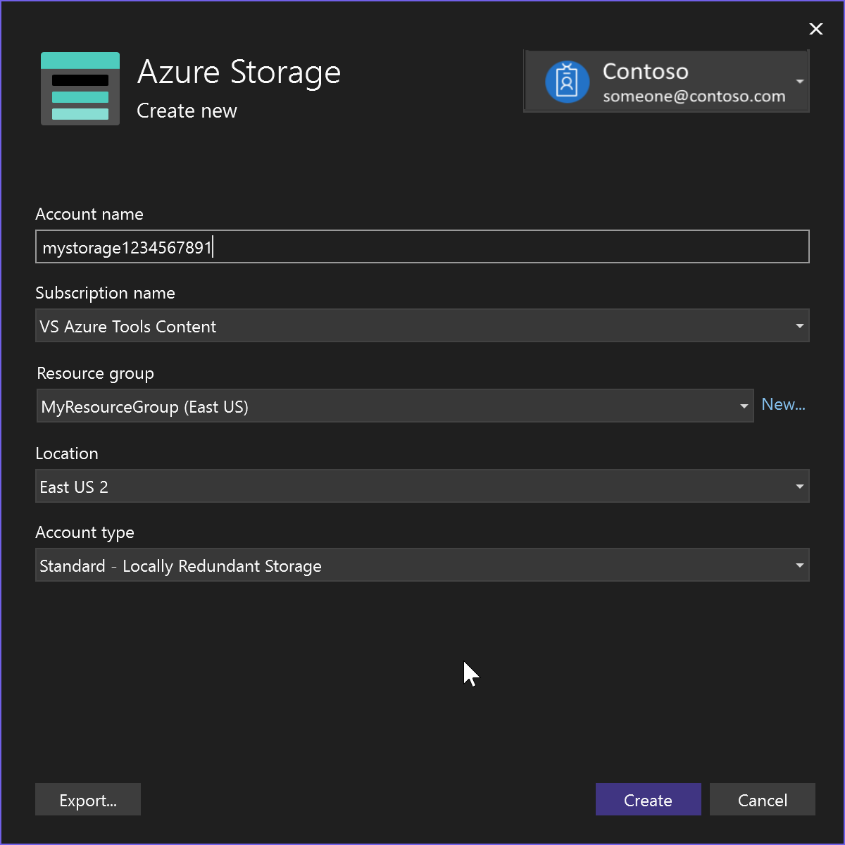 neues Azure Storage-Konto.