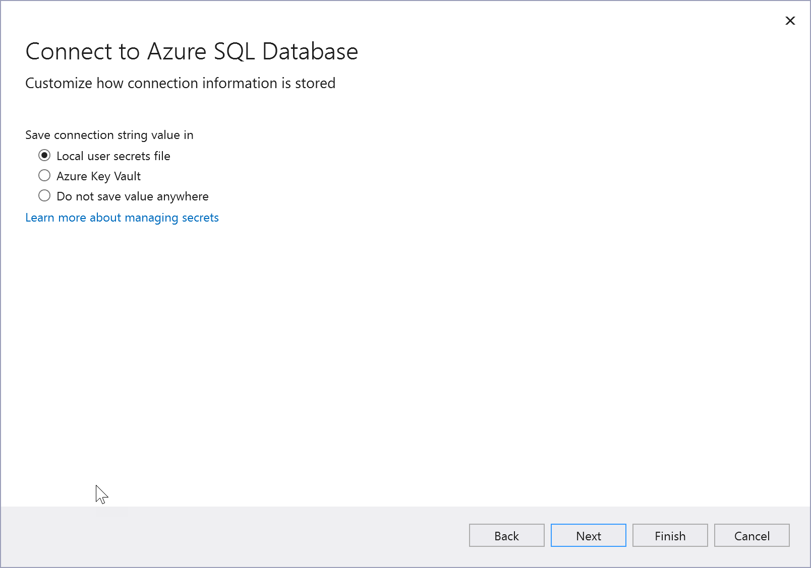 Screenshot mit den Optionen zum Speichern der Azure SQL-Datenbankverbindungszeichenfolge.