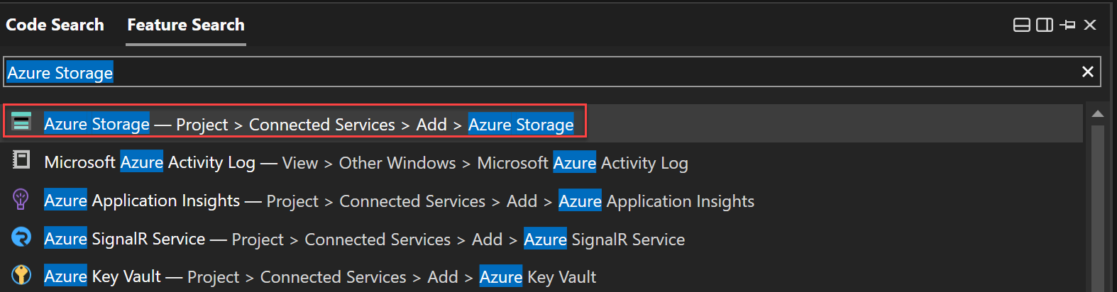 Screenshot der Verwendung der Featuresuche zum Suchen nach Azure Storage.