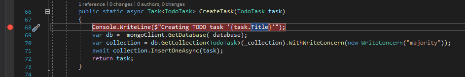 Screenshot der CreateTask-Methode mit einem Breakpoint, der in der ersten Zeile festgelegt ist