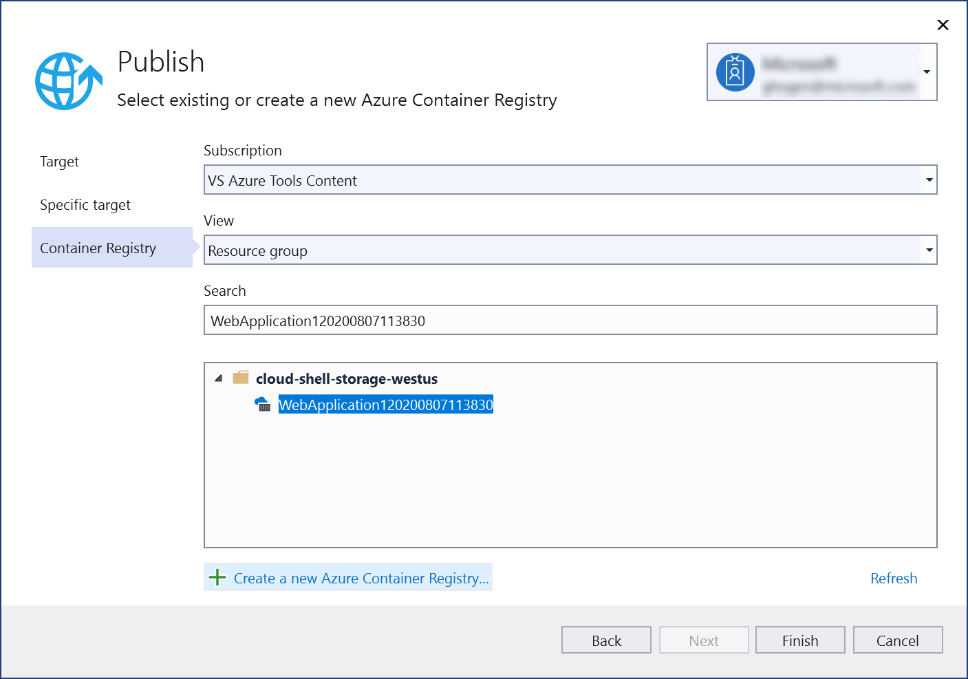 Screenshot: Dialogfeld „Veröffentlichen“ mit erstellter Azure Container Registry-Instanz