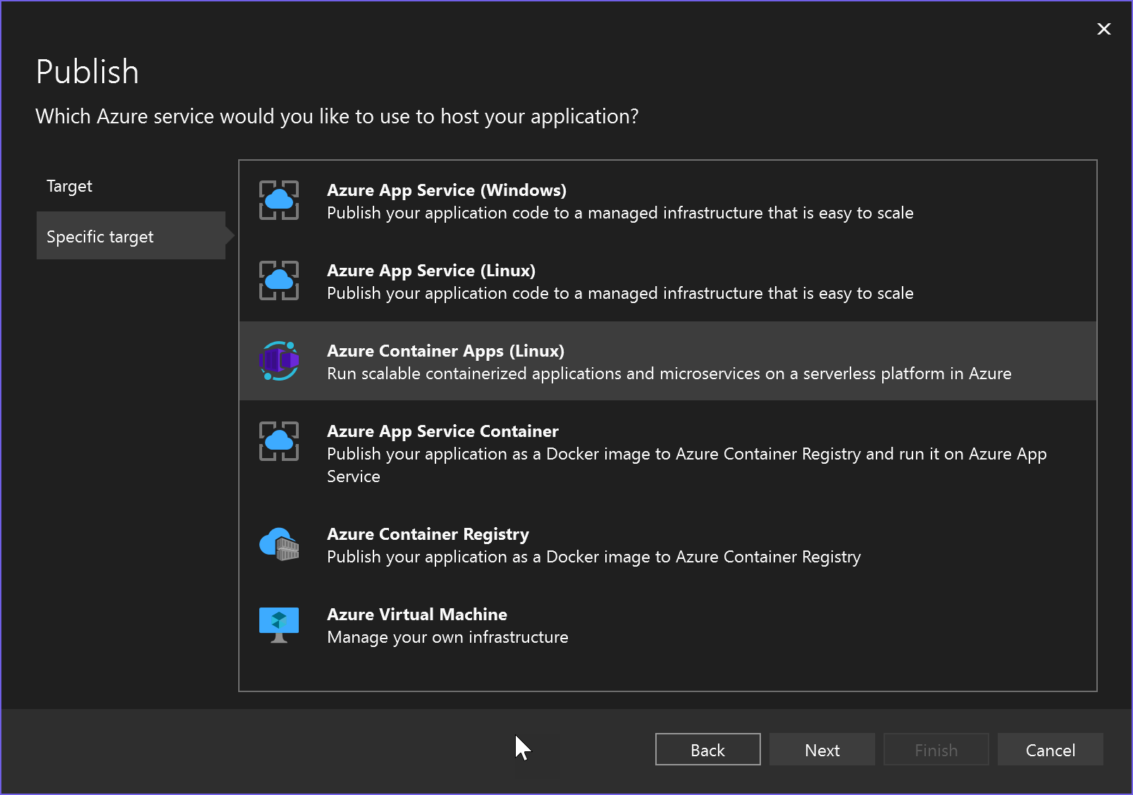 Screenshot des Bildschirms „Veröffentlichen“ mit ausgewählter Option „Azure Container Apps (Linux)“