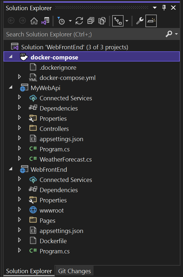 Screenshot des Solution Explorer mit dem hinzugefügten Docker Compose-Projekt.