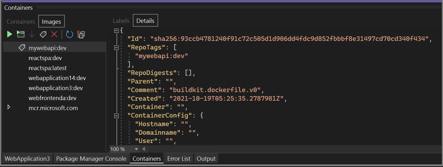 Screenshot der Registerkarte „Images“ > „Details“ im Fenster „Container“