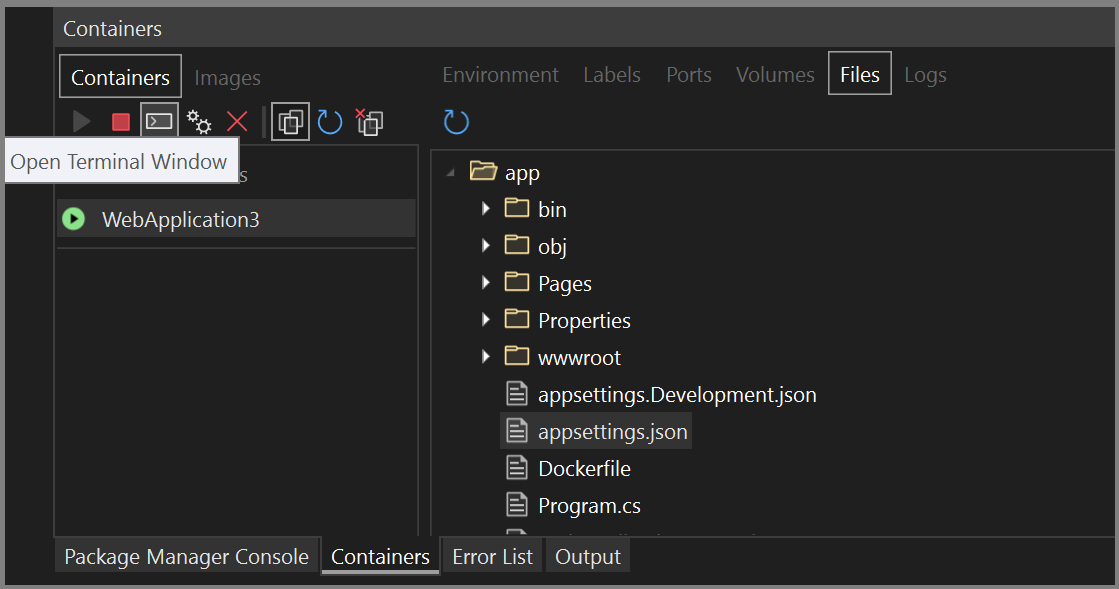 Screenshot: „Terminalfenster öffnen“ im Fenster „Container“