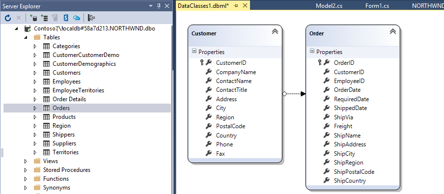 Screenshot, der den LINQ to SQL Designer zeigt.