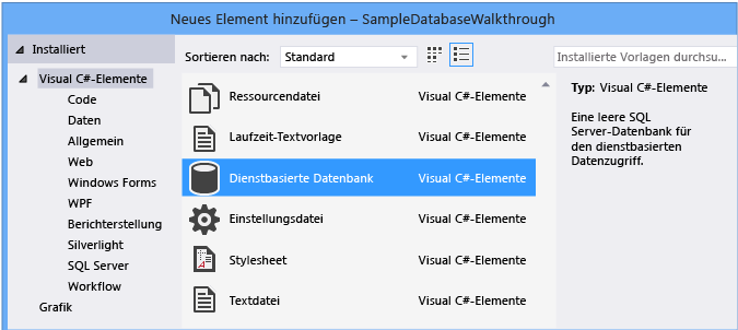 Neues Element hinzufügen > Dienstbasierte Datenbank