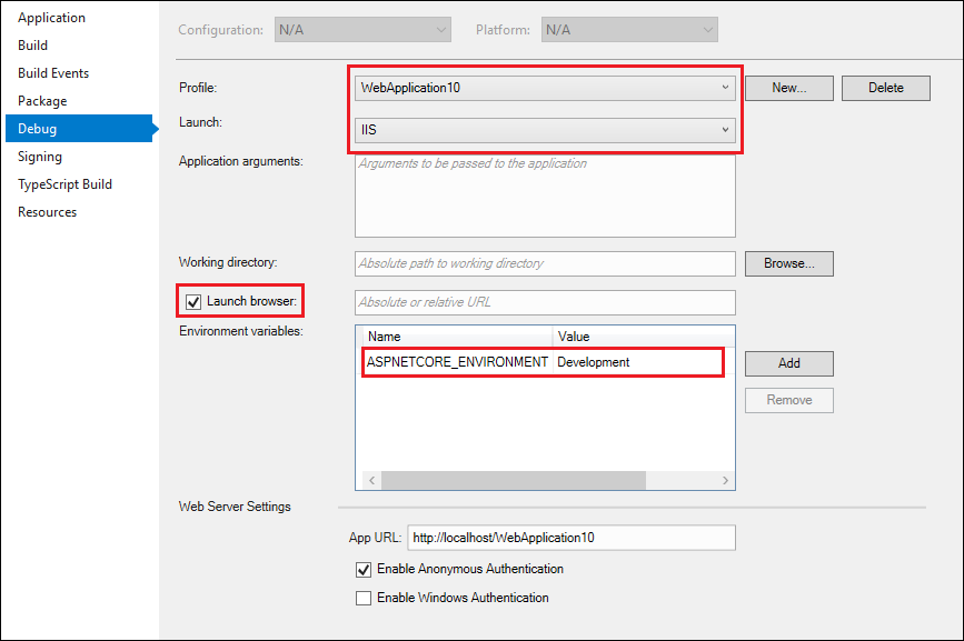 ASP.NET Core-Debuggereinstellungen