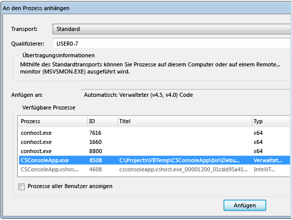 Attach to Process dialog box