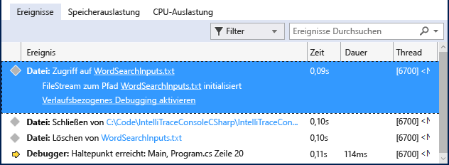 Screenshot of the Events tab in the Visual Studio Diagnostic Tools window. An event is selected and expanded to show it's details.