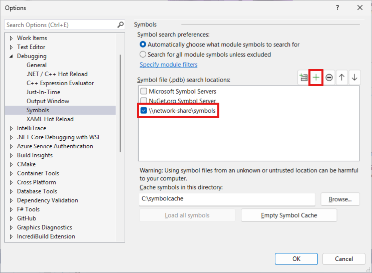 Extras – Optionen – Debuggen – Seite „Symbole“