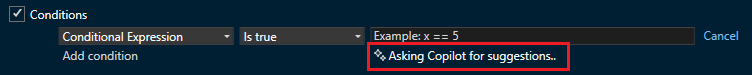 Screenshot von Copilot, der an Vorschlägen für bedingten Breakpoint arbeitet.