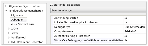 C++-Projekteigenschaften für das Remotedebuggen