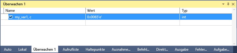 Screenshot of the Visual Studio Watch window with one selected line that shows my_var1.c with a value of 101 'e' and a type of int.