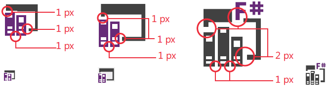 Elementabstand für Symbole der Größen 16x16, 24x24 und 32x32