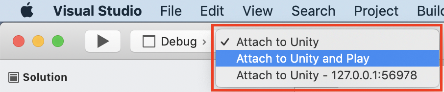 Screenshot of the Attach to Unity and Play button in Visual Studio for Mac.