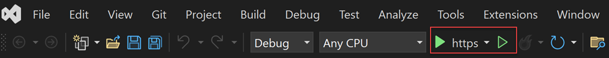 Screenshot zeigt die auf der Symbolleiste für Visual Studio hervorgehobene Schaltfläche 