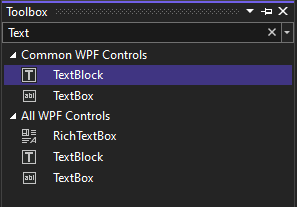 Screenshot des Toolboxfensters mit dem TextBlock-Steuerelement, das in der Liste der allgemeinen WPF-Steuerelemente ausgewählt ist.