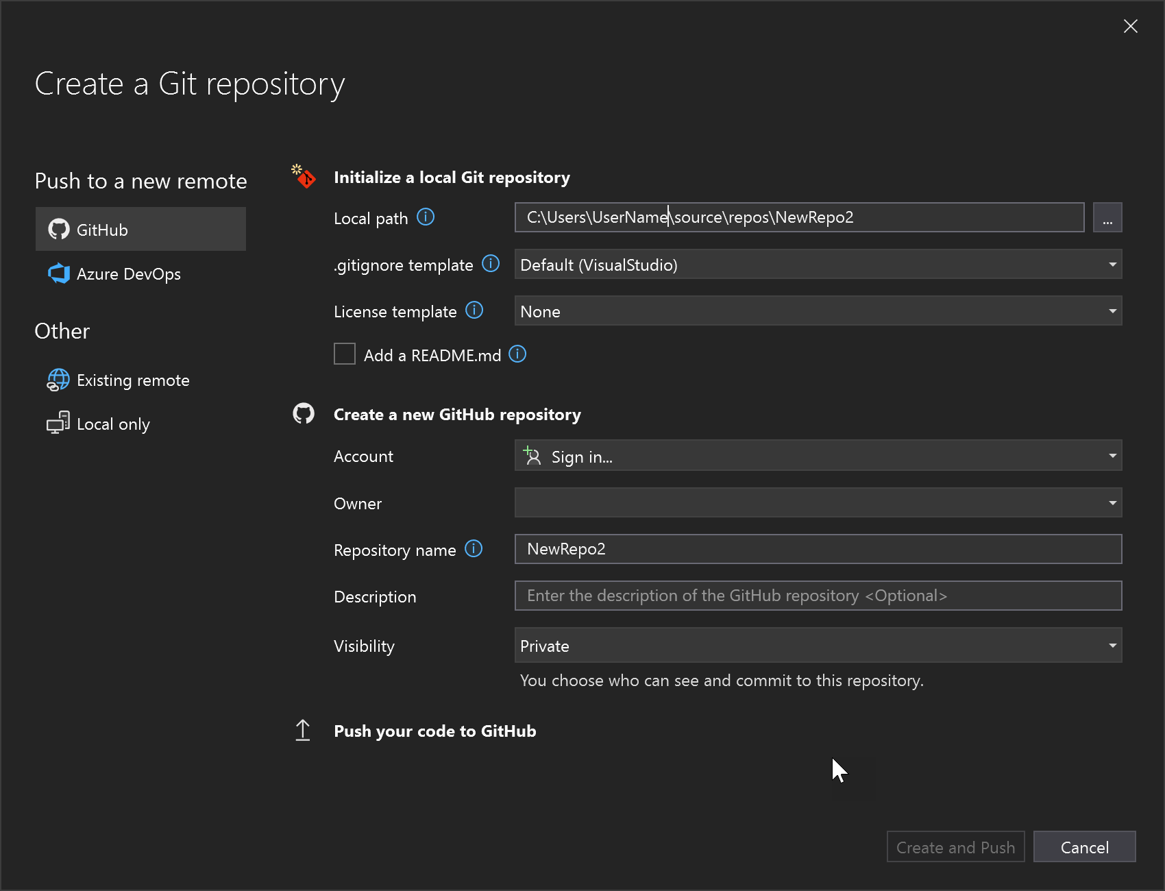 Screenshot: Dialogfeld „Git-Repository erstellen“ in Visual Studio mit hervorgehobener Auswahl von GitHub