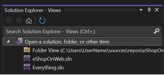 Screenshot der Ordneransicht im Projektmappen-Explorer in Visual Studio 2022.