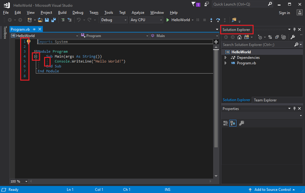 Screenshot: Visual Studio-IDE mit roten Rahmen