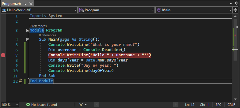 Screenshot: Haltepunkt in einer Codezeile in Visual Studio