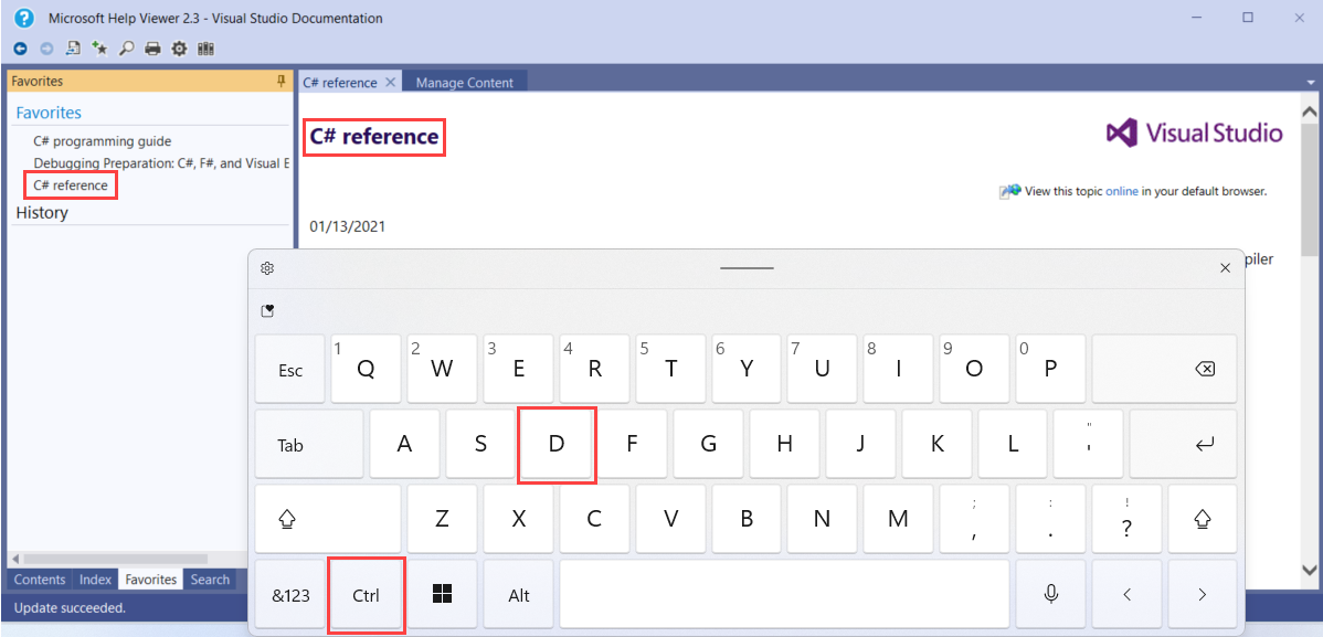 Screenshot of Help Viewer and an on-screen keyboard with the control and D keys called out. The current Help Viewer page is in the Favorites list.