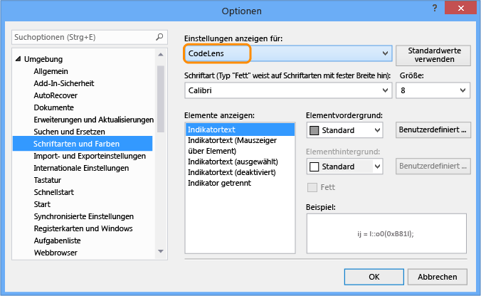 CodeLens – Schriftart- und Farbeinstellungen ändern