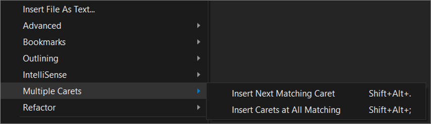 Screenshot: Flyoutmenü „Mehrere Einfügemarken“ in Visual Studio